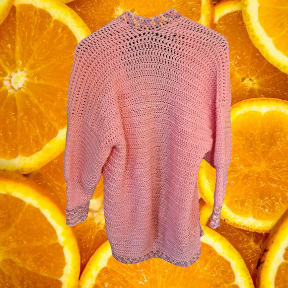 Hand Knit Open Front Long Pink Sweater With Colorful Accents - Picture 6 of 6